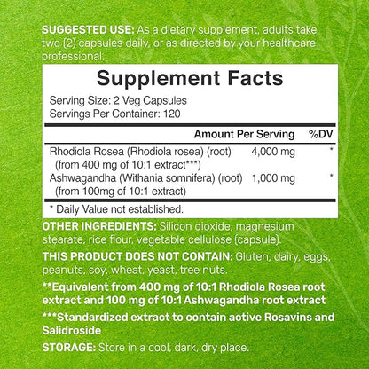 DEAL SUPPLEMENT Rhodiola Rosea with Ashwagandha 5,000mg Per 240 Veggie 10:1 Root